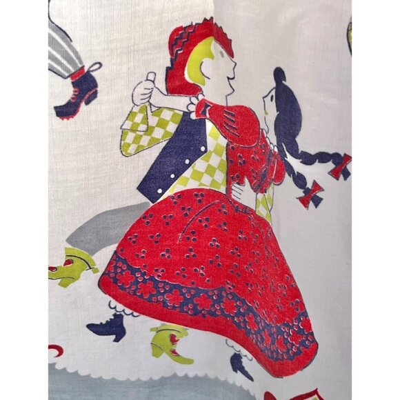 950s Cotton Apron With Folk Art Italian Style Dance Music Print  Red Trim VTG - Picture 11 of 16